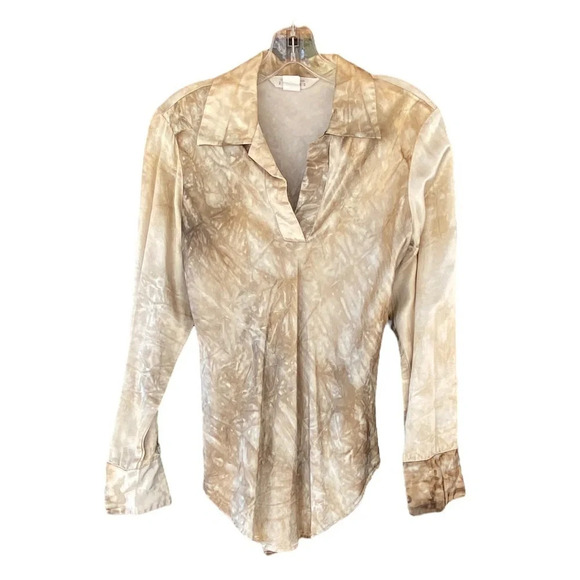 Y2K cream Tan Satin marble tie die blouse Loralai Gilmore Vibes long sleeve - Picture 1 of 6